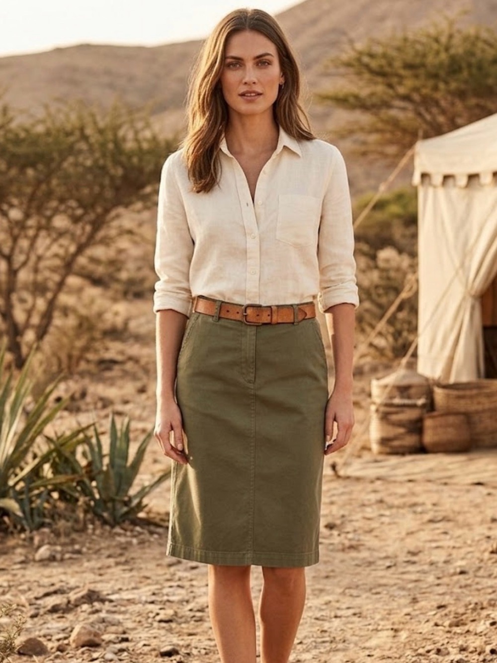 L.L. Bean Cotton Twill Original Fit Safari Pencil Skirt In Green Women's Size 6
